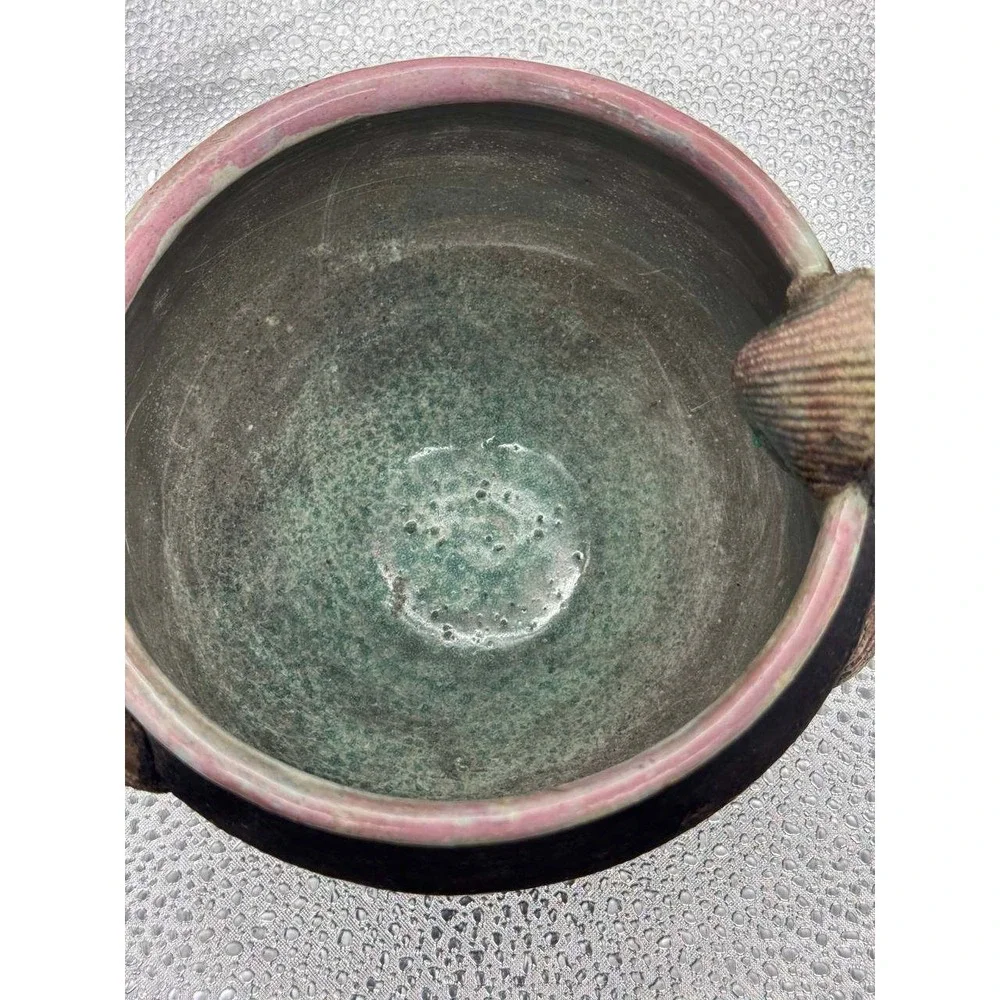 Signed Studio Pottery Bowl‎ Small Pink Purple Iridescent Shell Accents Boho